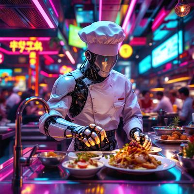 The primary subject of the image is a robotic chef dressed in a chef's outfit, standing in a kitchen and preparing food. The robotic chef is surrounded by various bowls and plates of food, as well as a spoon. The setting is a restaurant, with a dining table visible in the background. The visual style of the image is a combination of photo and digital art, creating a unique and futuristic atmosphere. The dominant colors in the image are pink and purple, which add to the overall